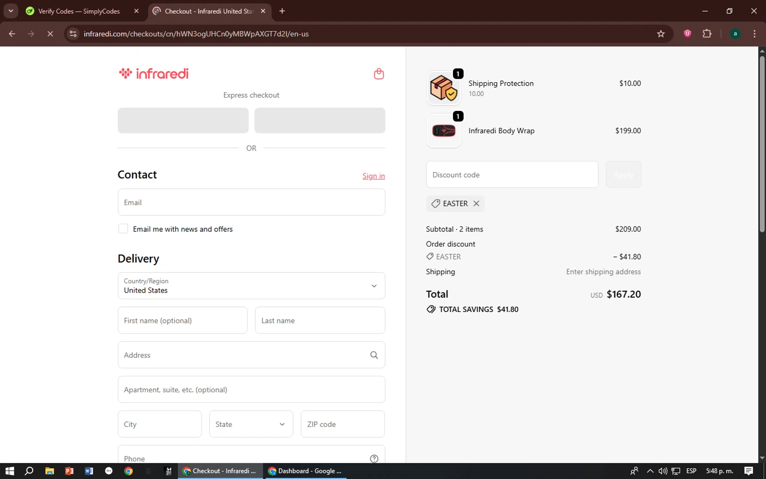 Infraredi discount code screenshot showing code EASTER applied at Infraredi checkout page. Uploaded by SimplyCodes community member zizu55 on Oct 6, 2025