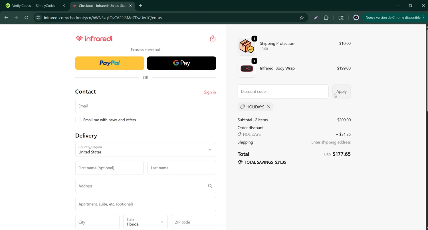 Infraredi discount code screenshot showing code HOLIDAYS applied at Infraredi checkout page. Uploaded by SimplyCodes community member Bernard_Lowe on Oct 10, 2025
