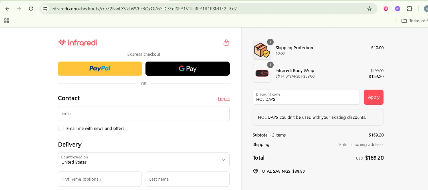 Infraredi discount code screenshot showing code HOLIDAYS applied at Infraredi checkout page. Uploaded by SimplyCodes community member NobleSentinel8535 on Jun 22, 2025