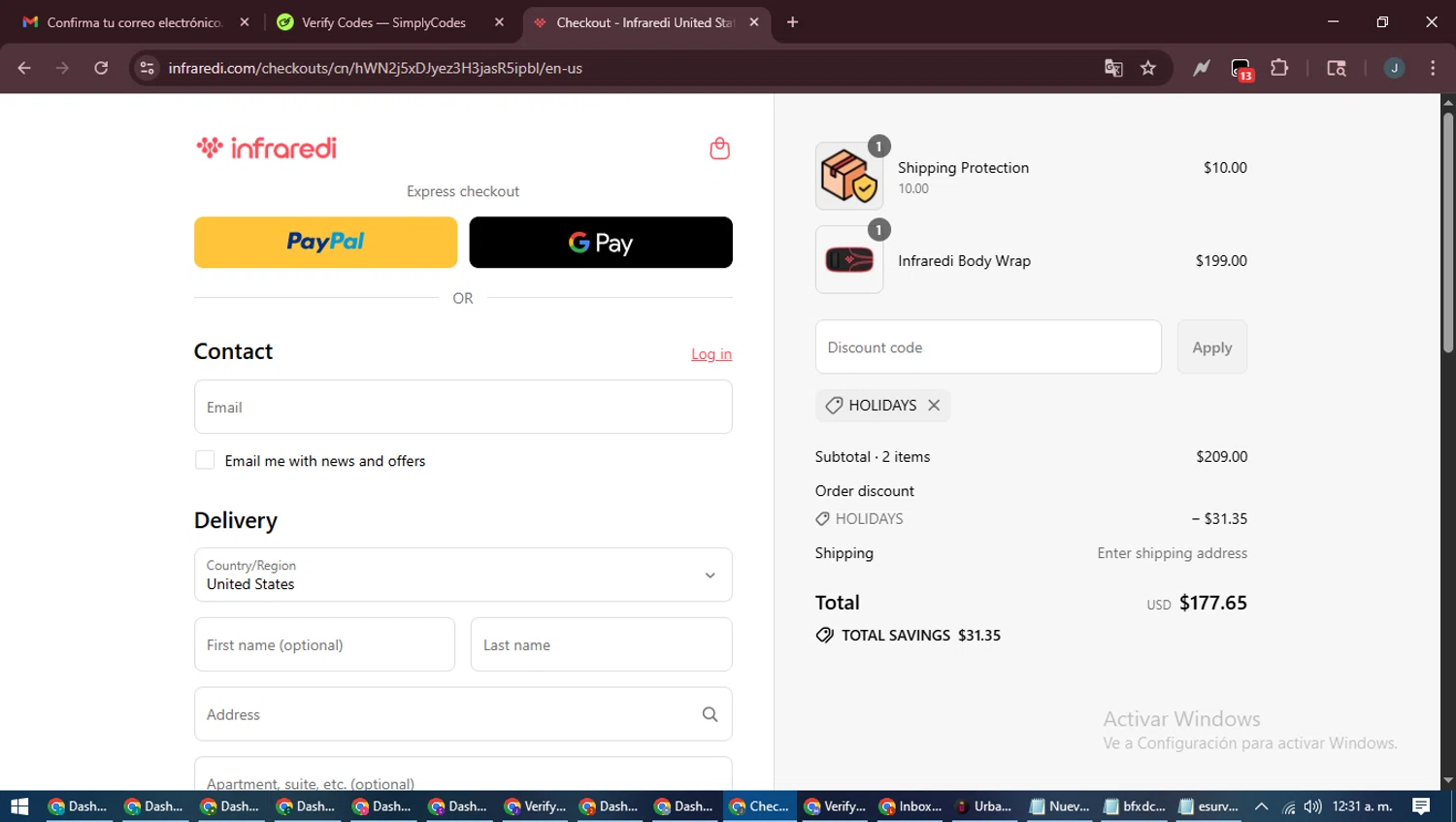 Infraredi discount code screenshot showing code HOLIDAYS applied at Infraredi checkout page. Uploaded by SimplyCodes community member ScanLynx8928 on Sep 8, 2025
