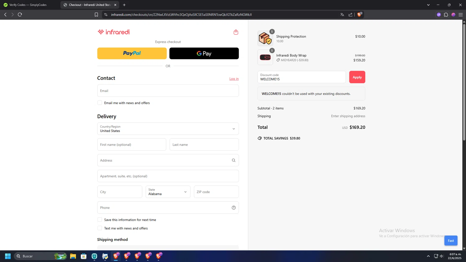 Infraredi discount code screenshot showing code WELCOME15 applied at Infraredi checkout page. Uploaded by SimplyCodes community member MRYORMAN on Jun 22, 2025