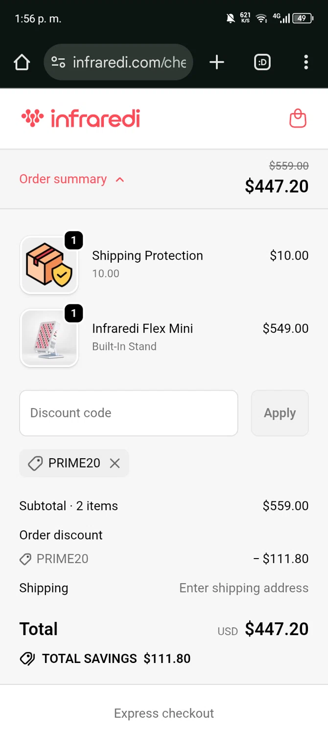 Infraredi discount code screenshot showing code PRIME20 applied at Infraredi checkout page. Uploaded by SimplyCodes community member Ryan_Garcia on Sep 20, 2025