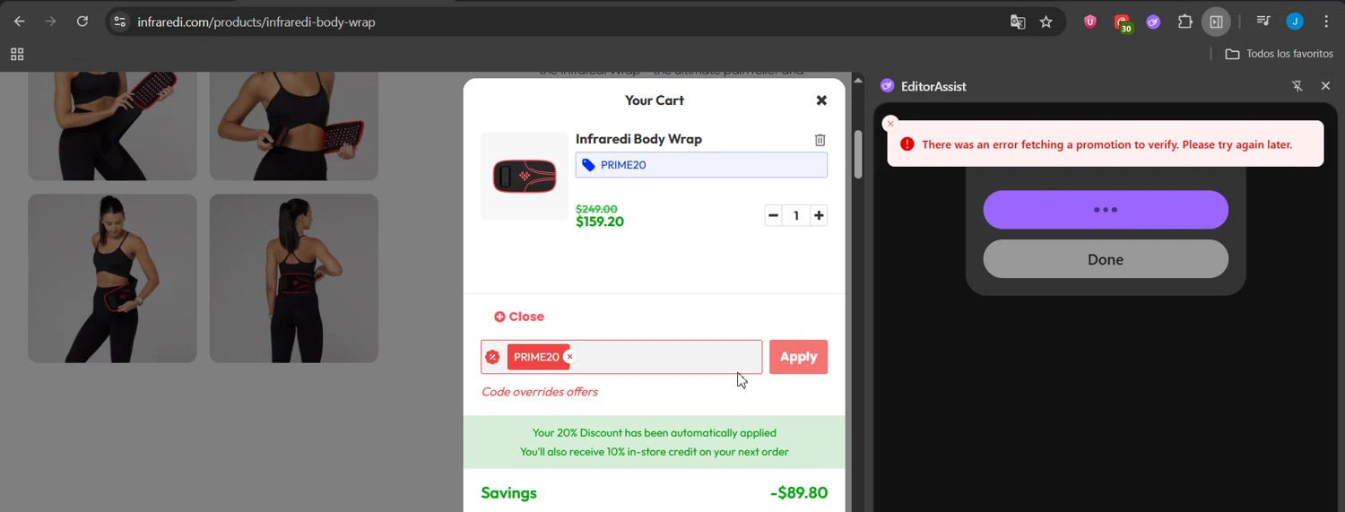Infraredi discount code screenshot showing code PRIME20 applied at Infraredi checkout page. Uploaded by SimplyCodes community member Jeanjc on Oct 3, 2025