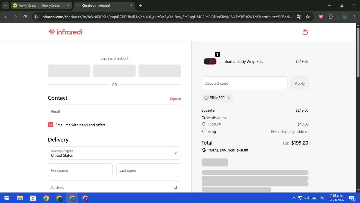 Infraredi checkout page showing Infraredi discount code box | Screenshot taken by SimplyCodes community member on Jan 26, 2026