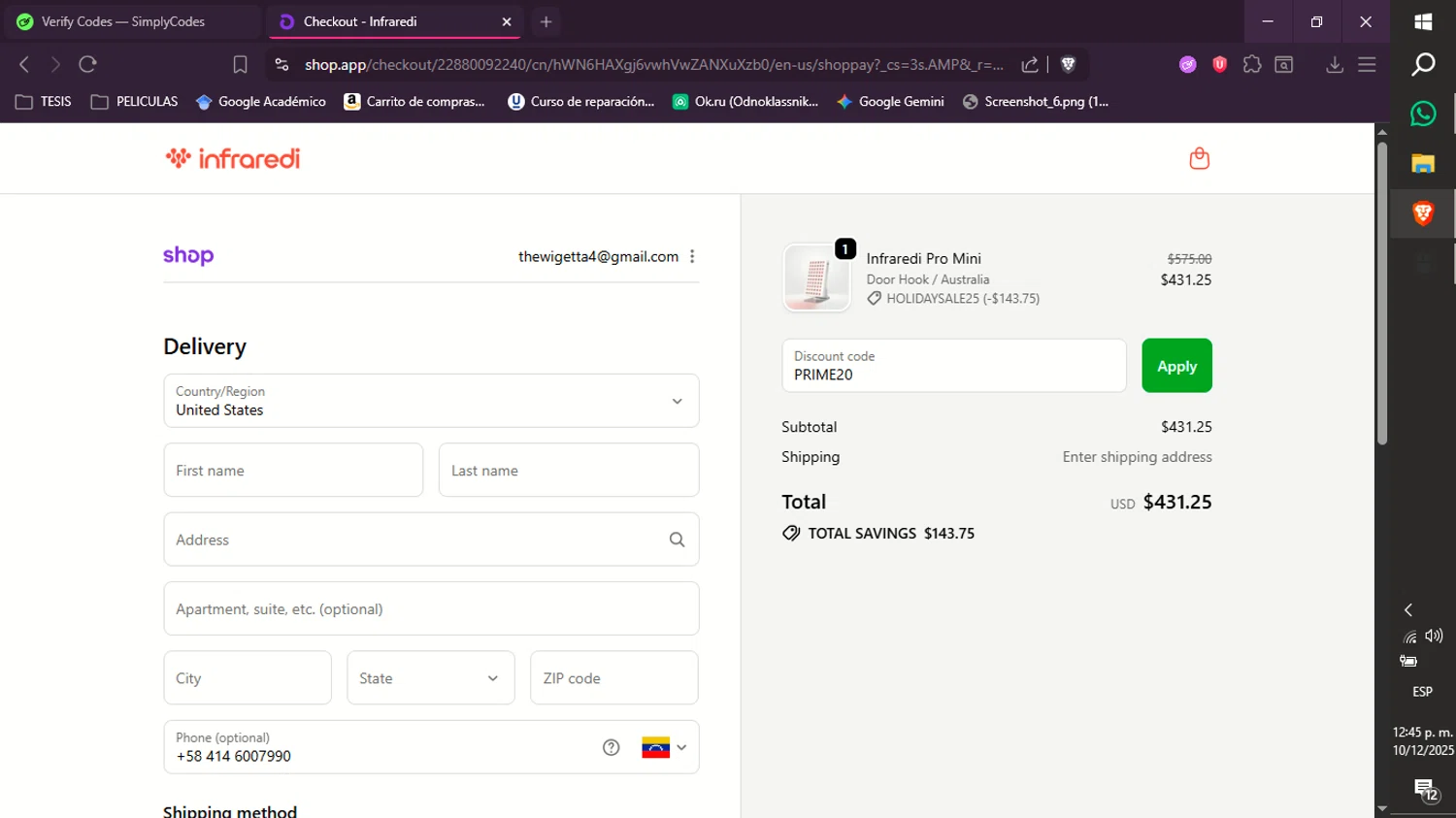 Infraredi discount code screenshot showing code PRIME20 applied at Infraredi checkout page. Uploaded by SimplyCodes community member xXdevoragoticas69Xx on Dec 10, 2025