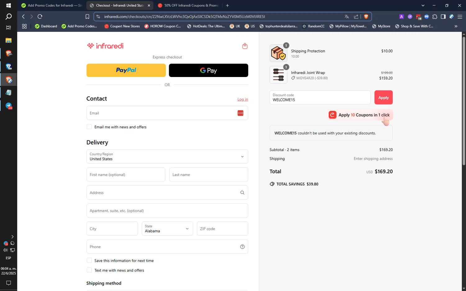 Infraredi discount code screenshot showing code WELCOME15 applied at Infraredi checkout page. Uploaded by SimplyCodes community member SwiftLogic2048 on Jun 22, 2025