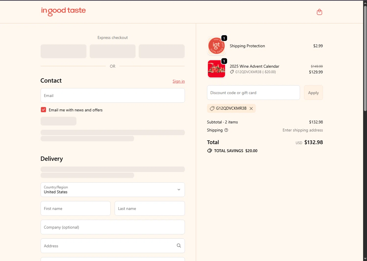 In Good Taste discount code screenshot showing code G12QDVCKMR3B applied at In Good Taste checkout page. Uploaded by SimplyCodes community member BargainSaver8204 on Nov 30, 2025