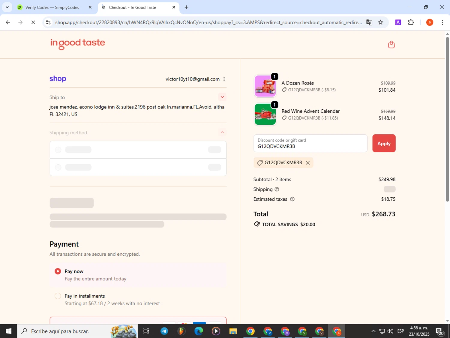 In Good Taste discount code screenshot showing code G12QDVCKMR3B applied at In Good Taste checkout page. Uploaded by SimplyCodes community member partenalgas on Oct 23, 2025