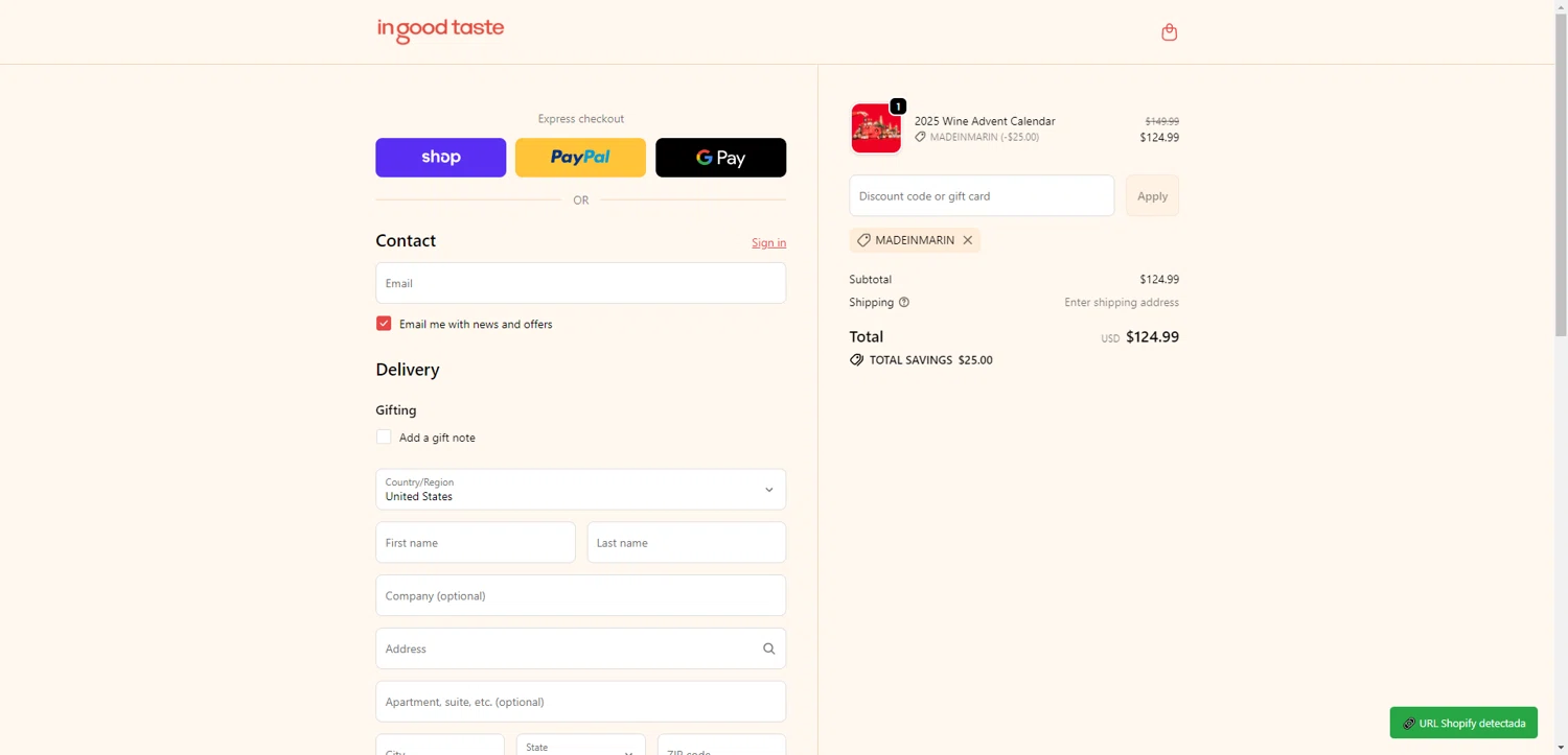 In Good Taste discount code screenshot showing code MADEINMARIN applied at In Good Taste checkout page. Uploaded by SimplyCodes community member EpicEagle816 on Dec 23, 2025