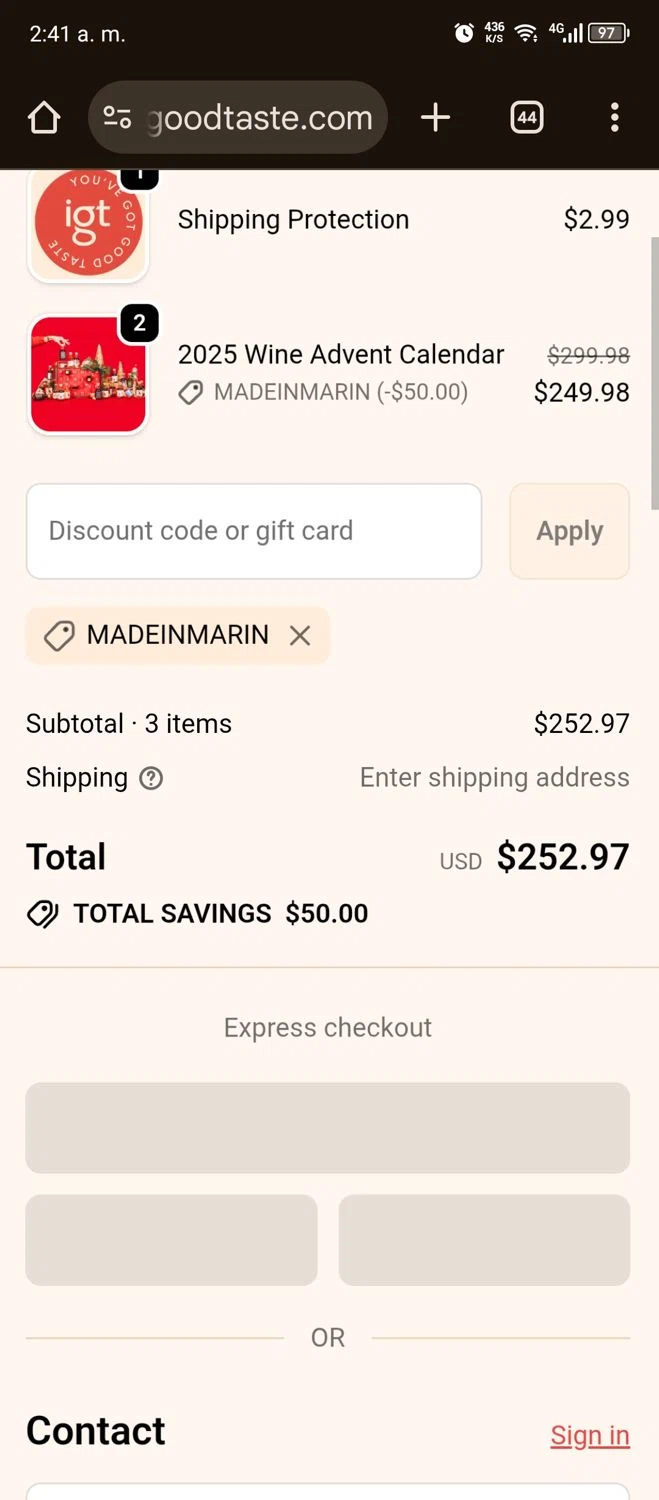 In Good Taste discount code screenshot showing code MADEINMARIN applied at In Good Taste checkout page. Uploaded by SimplyCodes community member Usermarielinda on Nov 30, 2025
