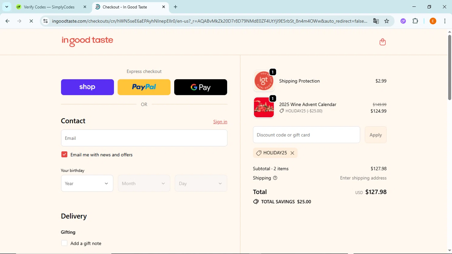 In Good Taste discount code screenshot showing code HOLIDAY25 applied at In Good Taste checkout page. Uploaded by SimplyCodes community member BudgetFox5491 on Nov 30, 2025