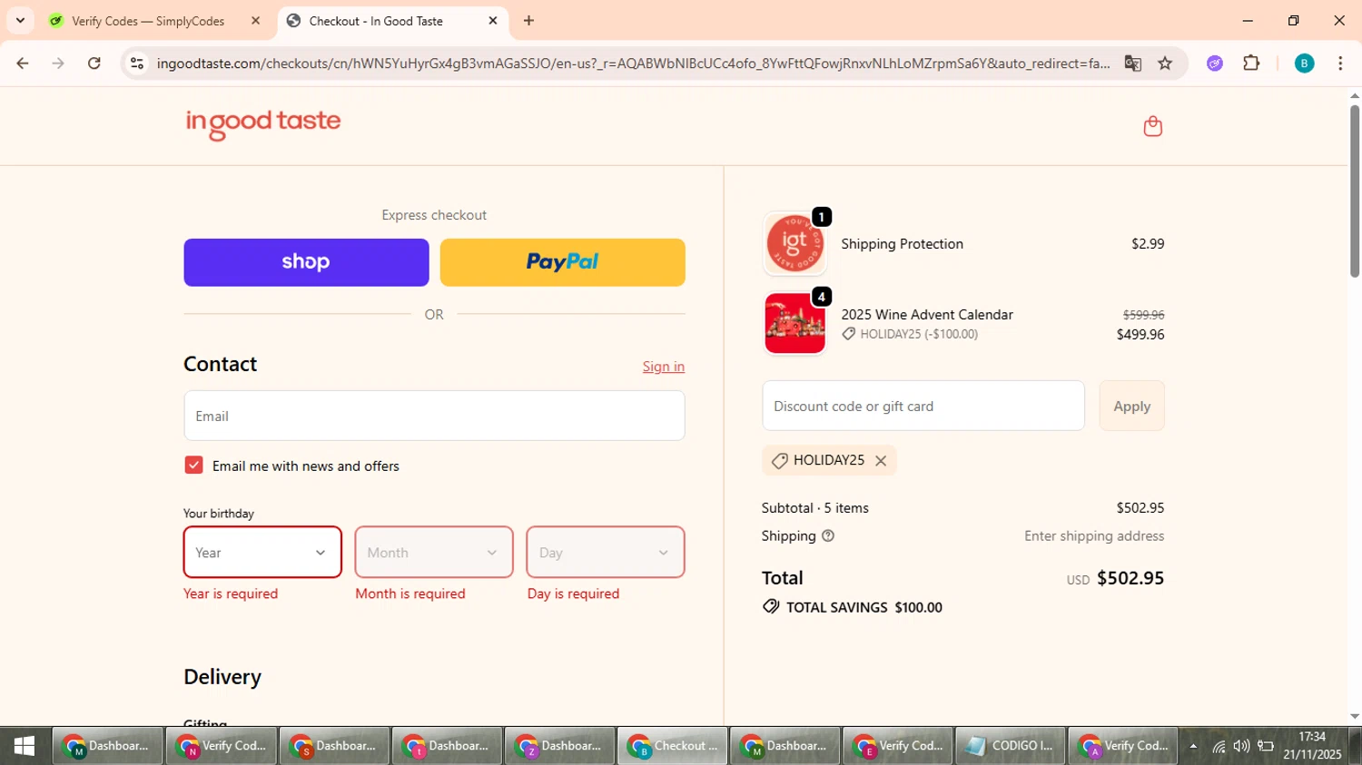 In Good Taste discount code screenshot showing code HOLIDAY25 applied at In Good Taste checkout page. Uploaded by SimplyCodes community member QuestScholar5572 on Nov 21, 2025