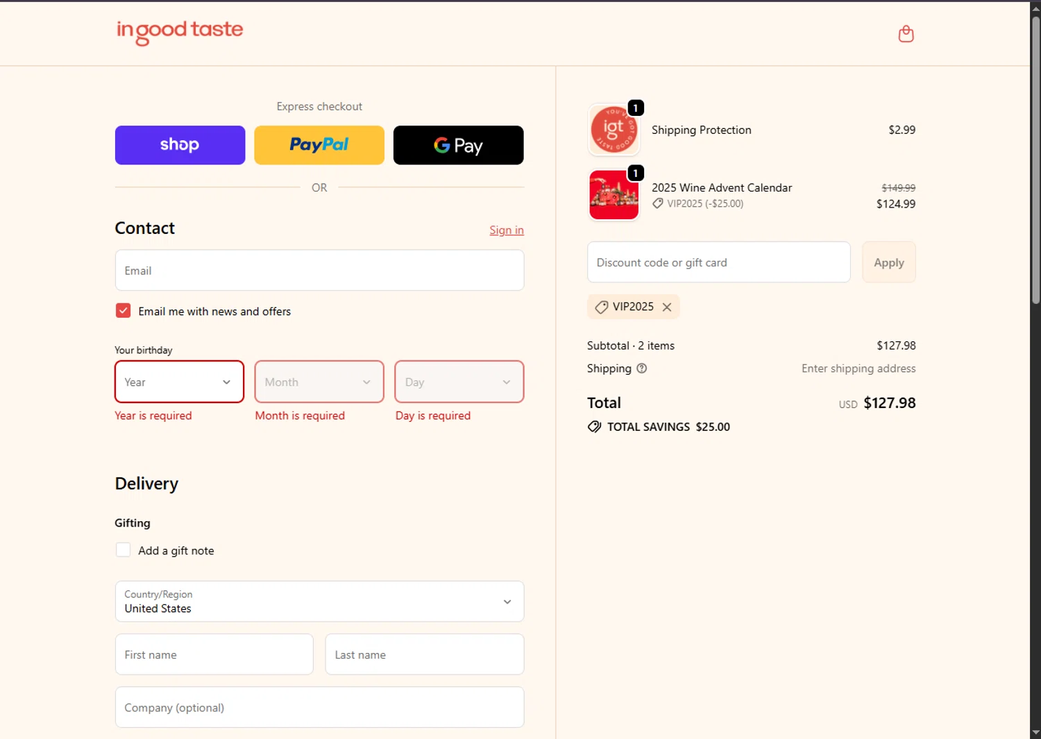 In Good Taste discount code screenshot showing code VIP2025 applied at In Good Taste checkout page. Uploaded by SimplyCodes community member BargainSaver8204 on Nov 30, 2025