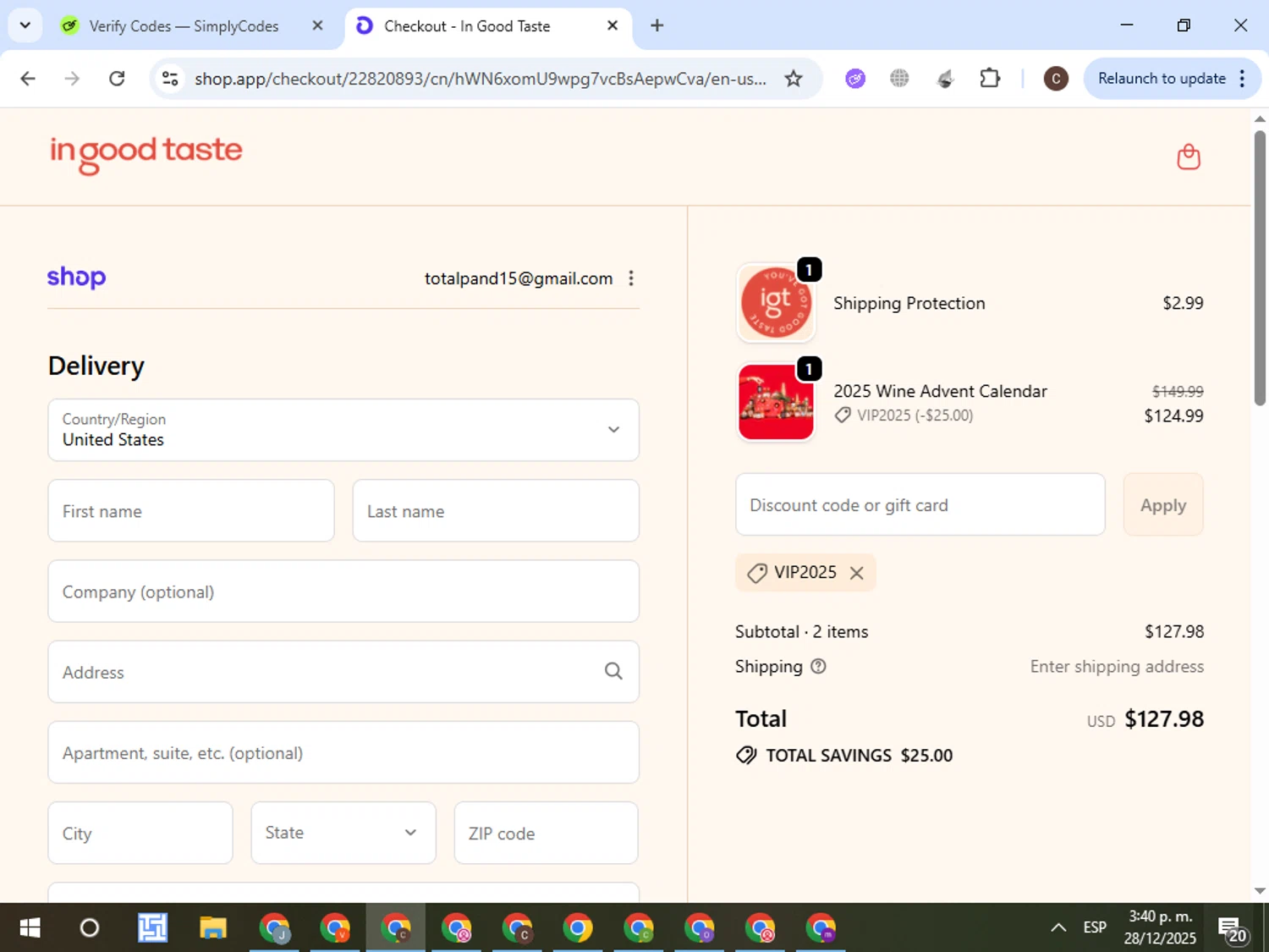 In Good Taste discount code screenshot showing code VIP2025 applied at In Good Taste checkout page. Uploaded by SimplyCodes community member ExtraordinaryPro8536 on Dec 28, 2025