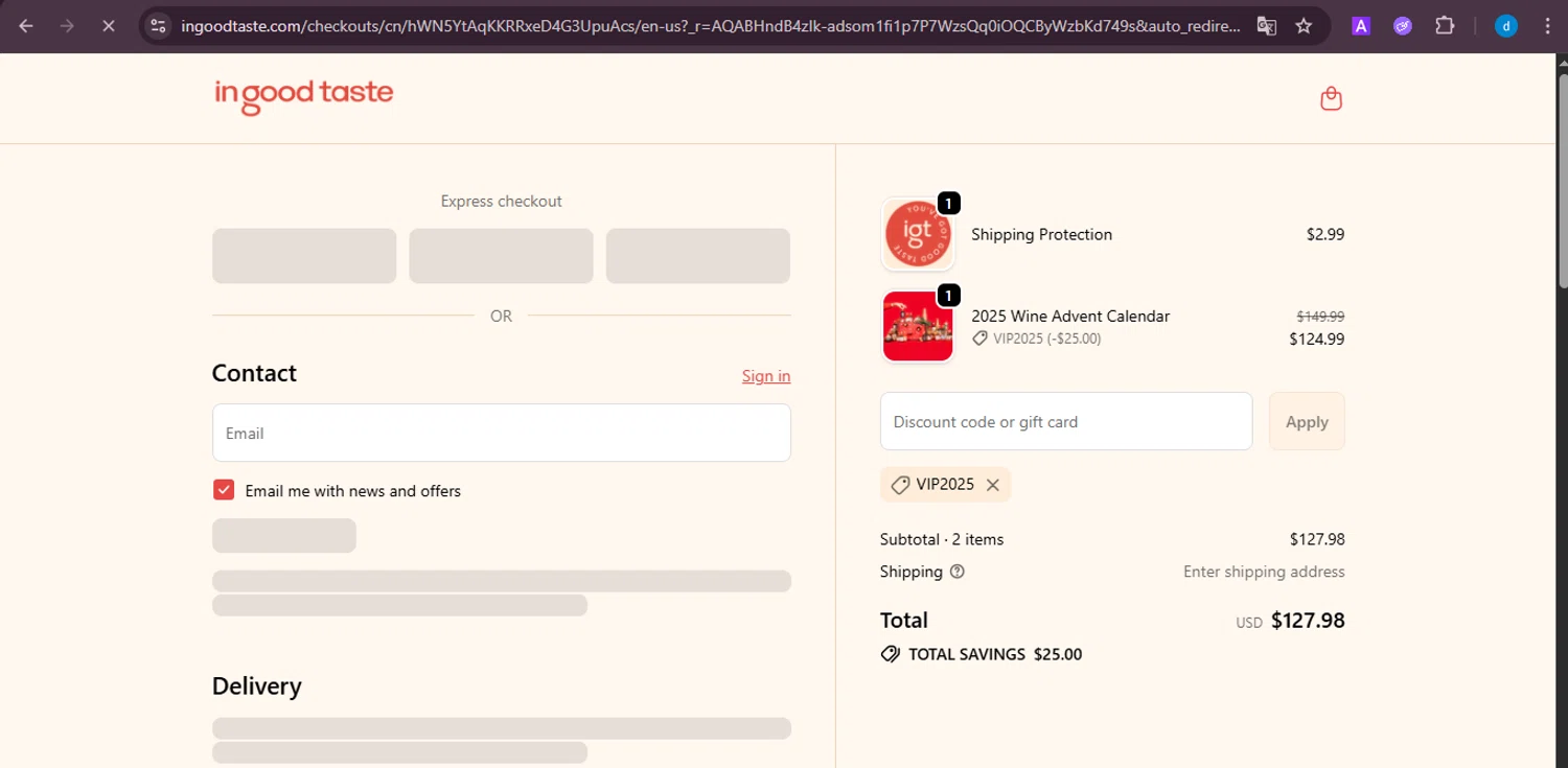 In Good Taste discount code screenshot showing code VIP2025 applied at In Good Taste checkout page. Uploaded by SimplyCodes community member ShieldKnight4744 on Nov 21, 2025