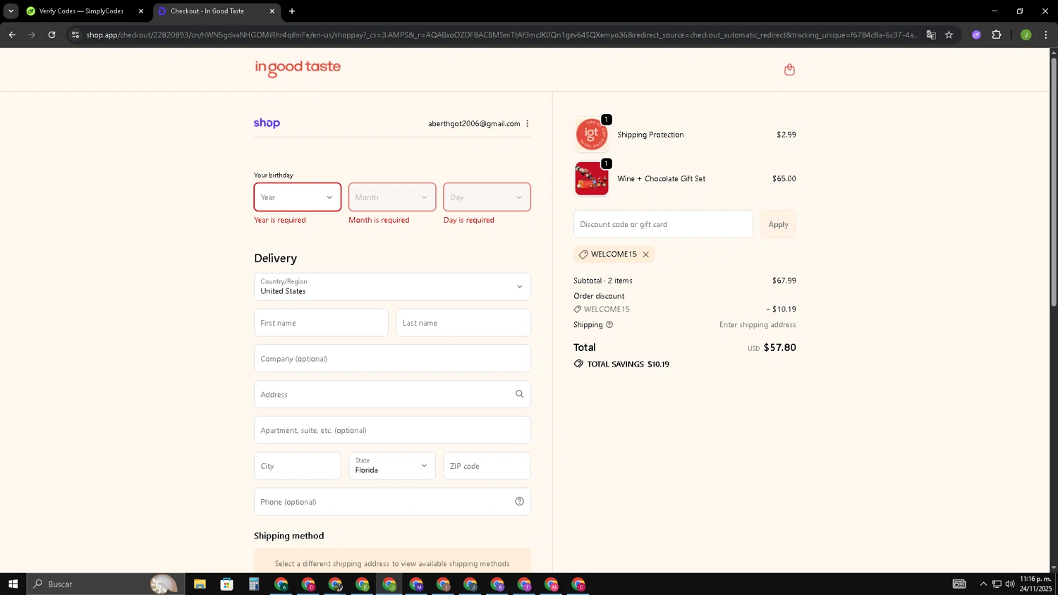 In Good Taste discount code screenshot showing code WELCOME15 applied at In Good Taste checkout page. Uploaded by SimplyCodes community member SAIKOO on Nov 25, 2025