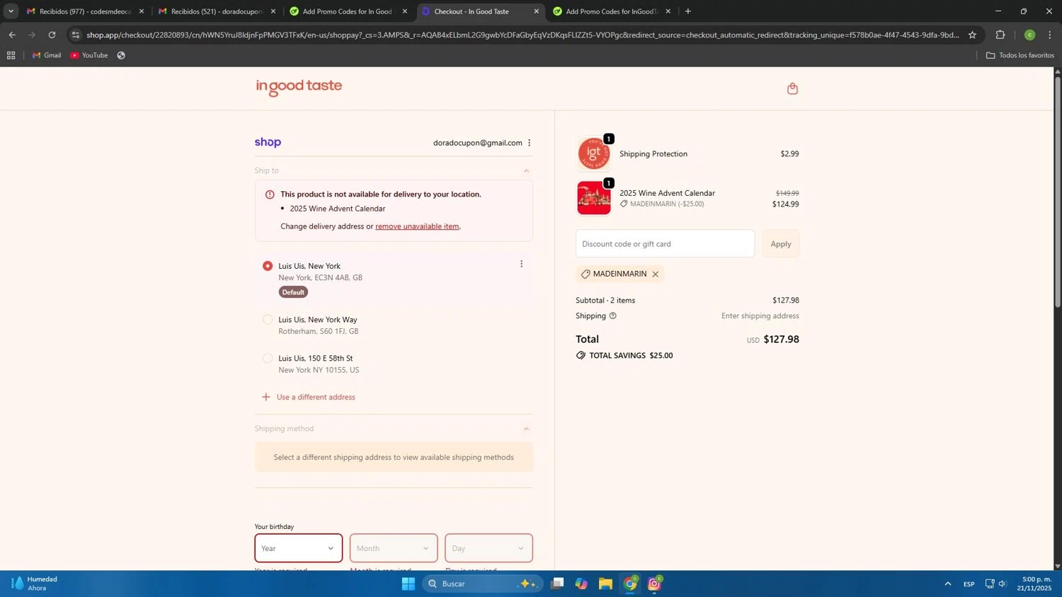 In Good Taste discount code screenshot showing code MADEINMARIN applied at In Good Taste checkout page. Uploaded by SimplyCodes community member Mdeoca on Nov 21, 2025