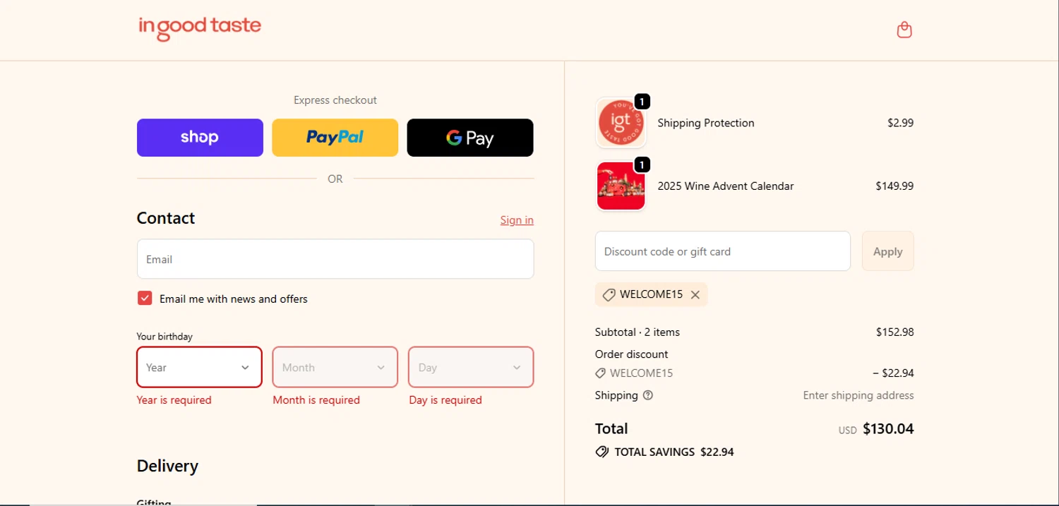 In Good Taste discount code screenshot showing code WELCOME15 applied at In Good Taste checkout page. Uploaded by SimplyCodes community member juanisaac on Nov 21, 2025