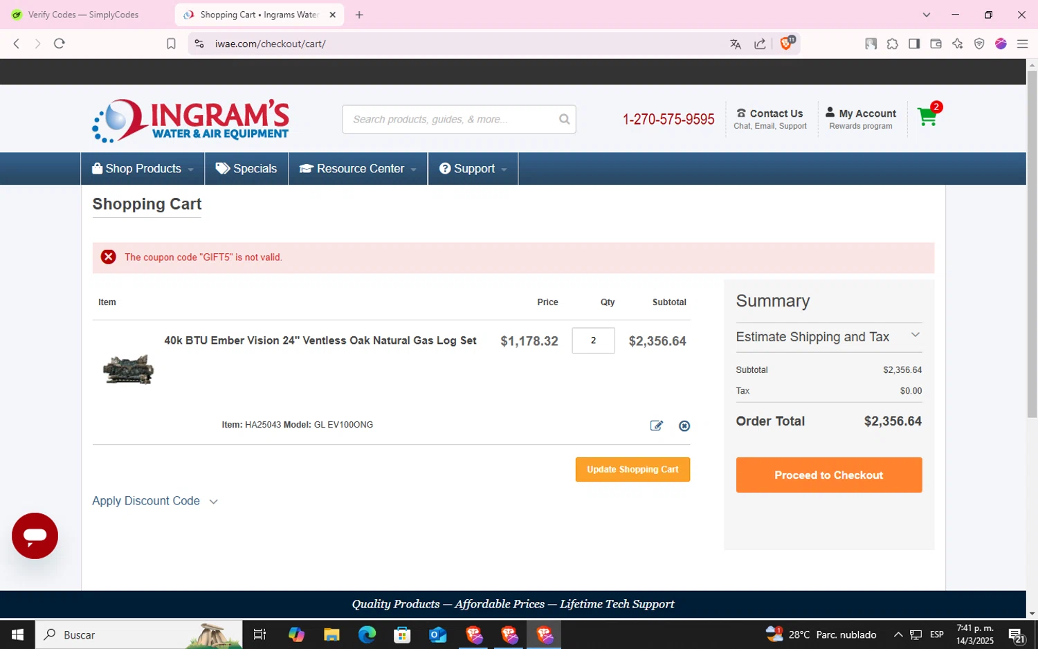 Ingram’s Water & Air Equipment promo code screenshot showing code GIFT5 applied at Ingram’s Water & Air Equipment checkout page. Uploaded by SimplyCodes community member CodeLynx5272 on Mar 14, 2025