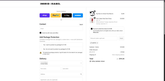 Ingrid+Isabel checkout page showing Ingrid+Isabel promo code box | Screenshot taken by SimplyCodes community member on Sep 3, 2025
