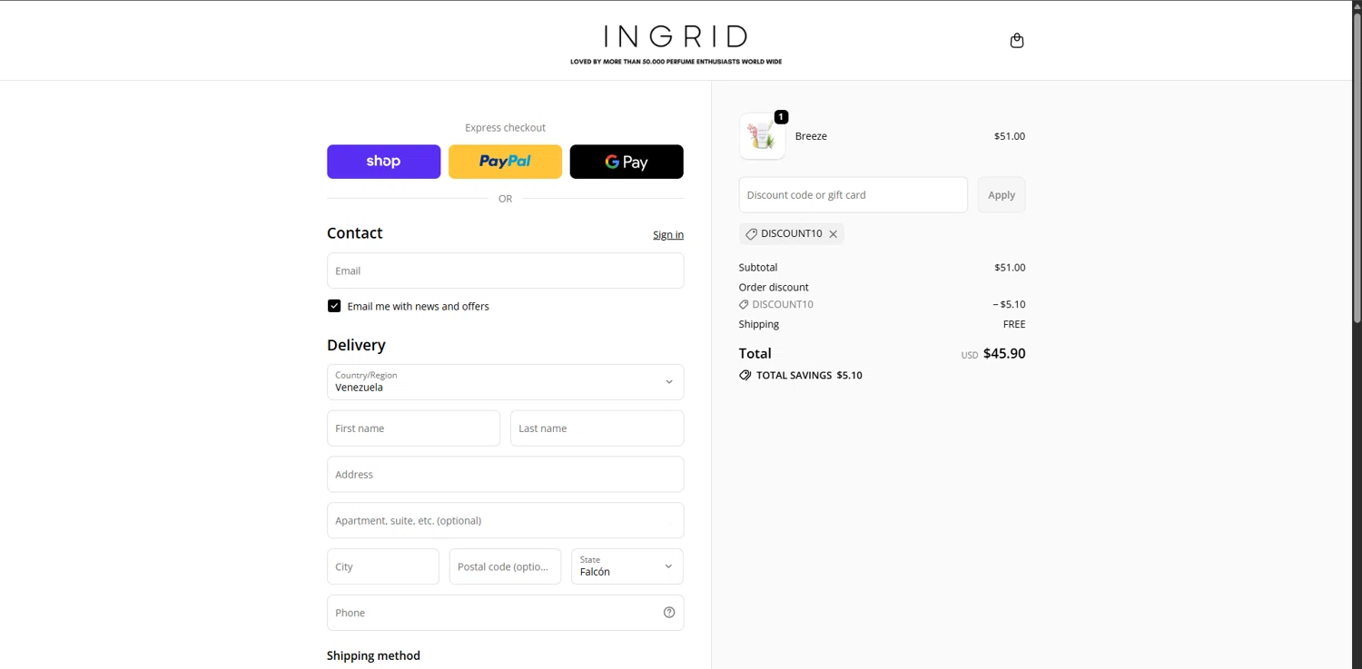 INGRID Perfumes promo code screenshot showing code DISCOUNT10 applied at INGRID Perfumes checkout page. Uploaded by SimplyCodes community member GoldMonarch2173 on Dec 28, 2025