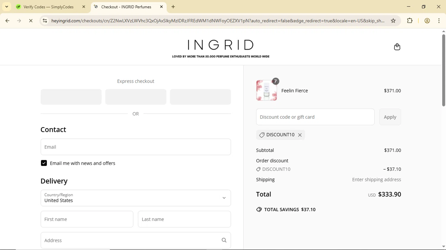 INGRID Perfumes promo code screenshot showing code DISCOUNT10 applied at INGRID Perfumes checkout page. Uploaded by SimplyCodes community member Luisitoxd12 on Jun 18, 2025