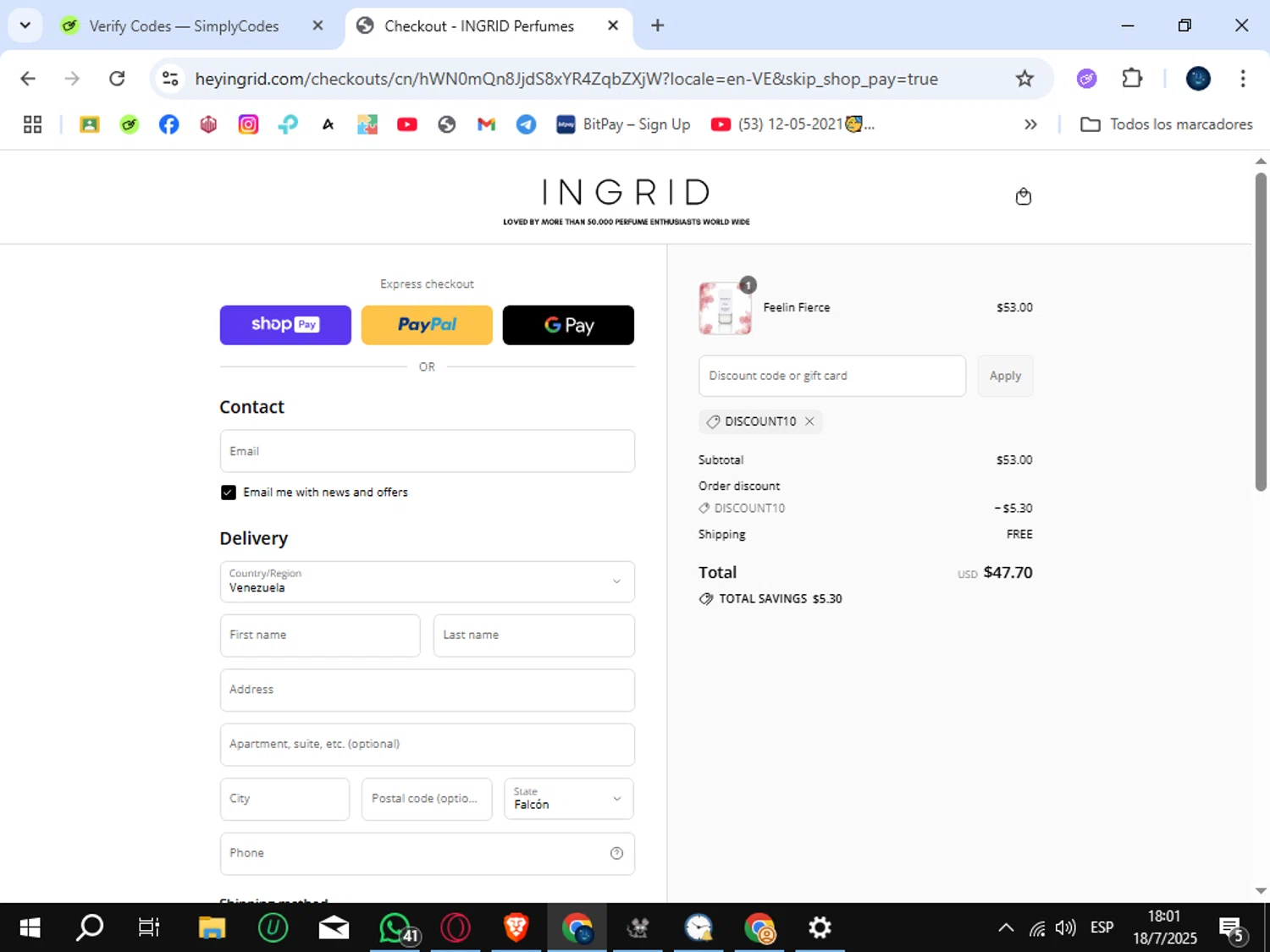 INGRID Perfumes promo code screenshot showing code DISCOUNT10 applied at INGRID Perfumes checkout page. Uploaded by SimplyCodes community member SunJinWoo on Jul 18, 2025