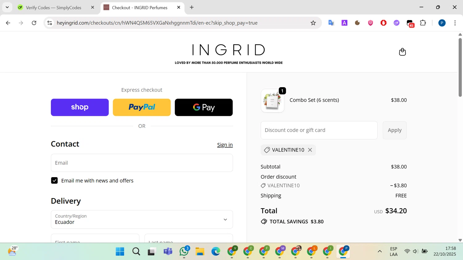 INGRID Perfumes promo code screenshot showing code VALENTINE10 applied at INGRID Perfumes checkout page. Uploaded by SimplyCodes community member BrilliantMaven4588 on Oct 22, 2025