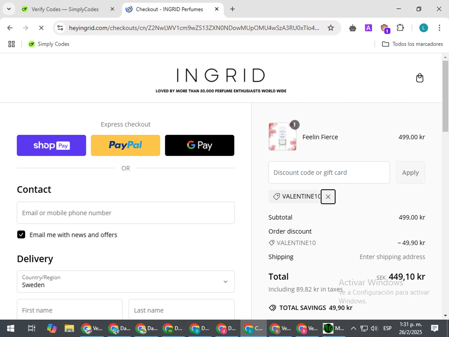INGRID Perfumes promo code screenshot showing code VALENTINE10 applied at INGRID Perfumes checkout page. Uploaded by SimplyCodes community member LuckyLegend792 on Feb 26, 2025