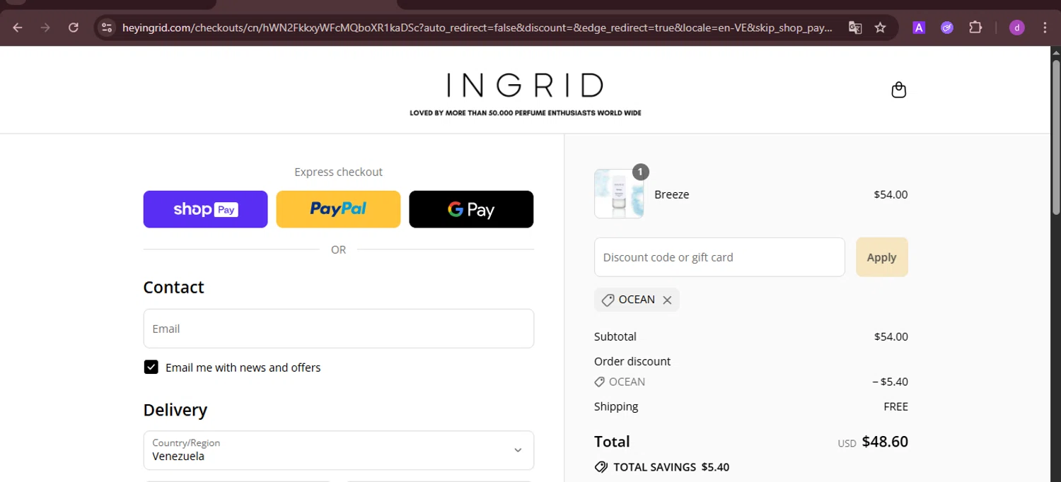 INGRID Perfumes promo code screenshot showing code OCEAN applied at INGRID Perfumes checkout page. Uploaded by SimplyCodes community member PennyTiger4891 on Aug 26, 2025