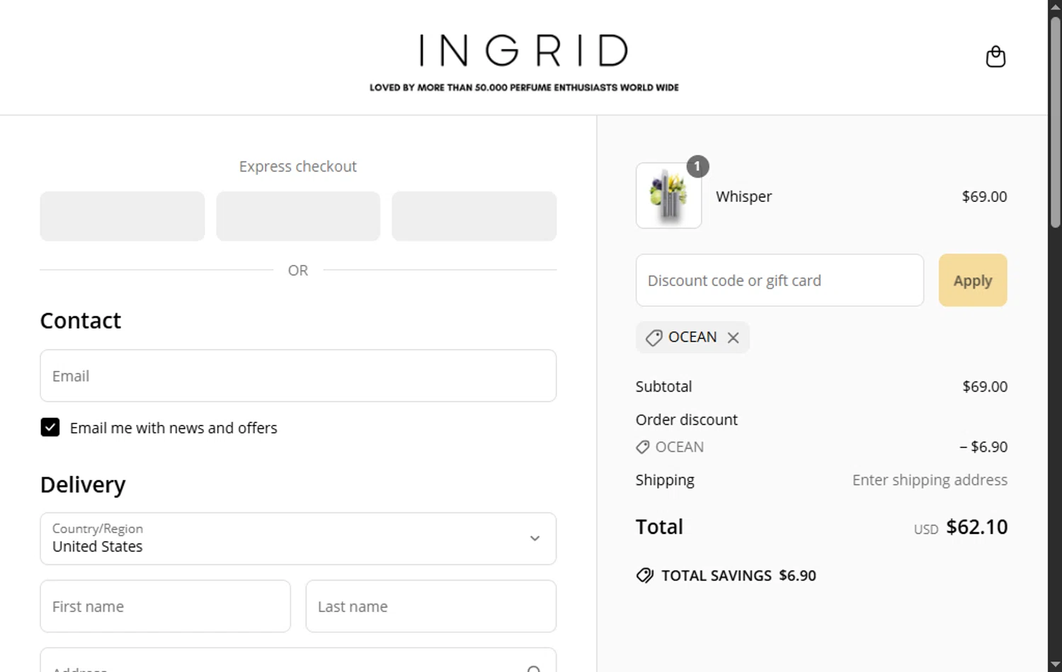 INGRID Perfumes promo code screenshot showing code OCEAN applied at INGRID Perfumes checkout page. Uploaded by SimplyCodes community member VoucherFinder3467 on May 16, 2025