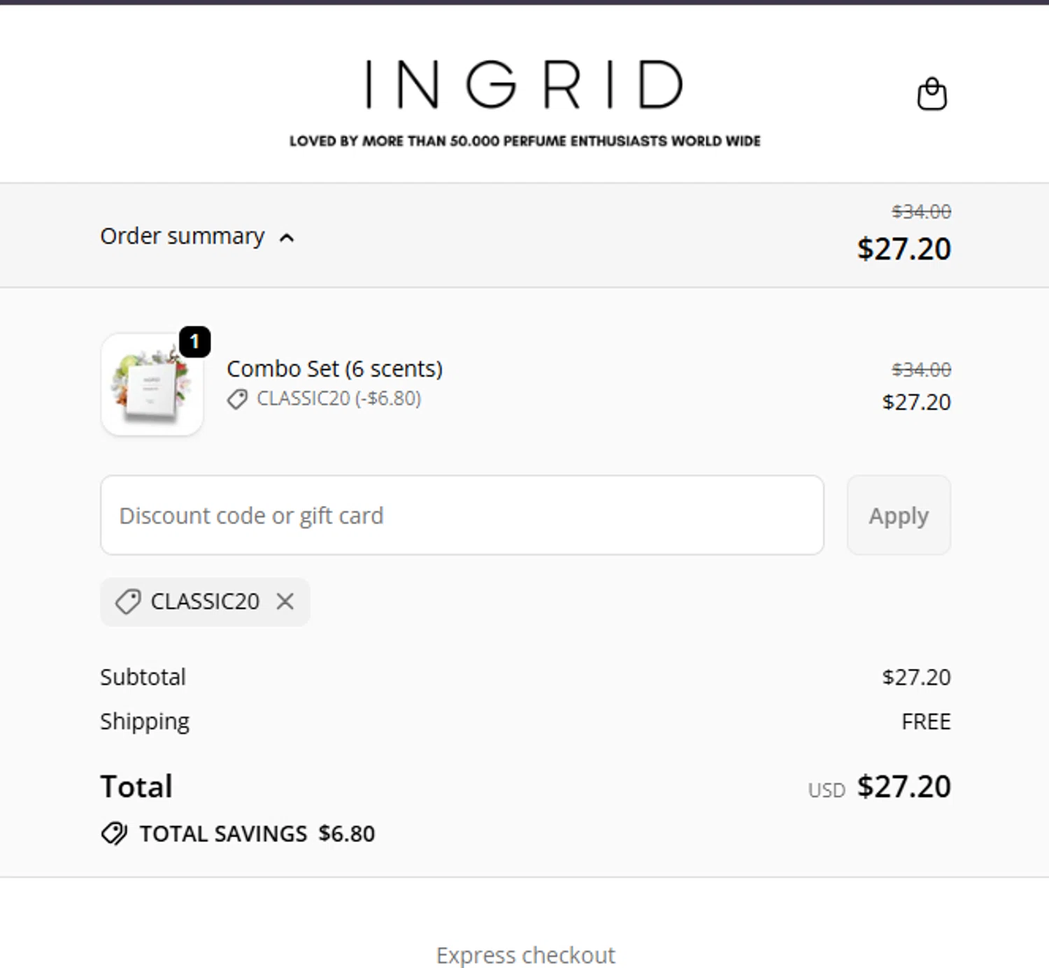 INGRID Perfumes checkout page showing INGRID Perfumes promo code box | Screenshot taken by SimplyCodes community member on Jan 7, 2026