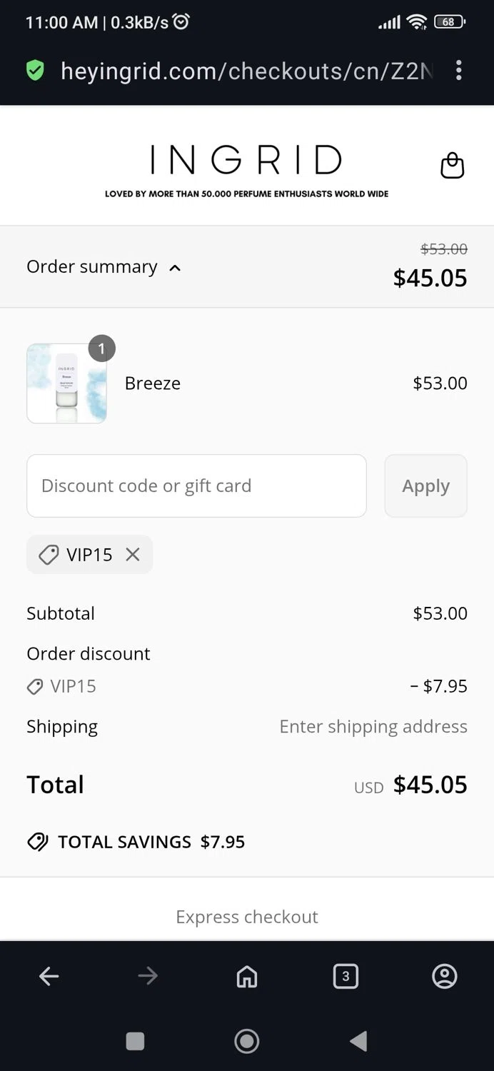 INGRID Perfumes promo code screenshot showing code Vip15 applied at INGRID Perfumes checkout page. Uploaded by SimplyCodes community member BB9542251456527 on May 16, 2025