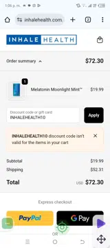 INHALEHEALTH10 coupon verification screenshot
