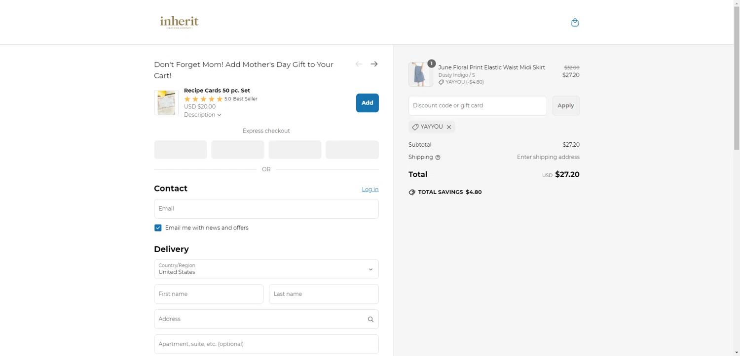 Inherit coupon code screenshot showing code YAYYOU applied at Inherit checkout page. Uploaded by SimplyCodes community member PrimeSentinel4675 on May 4, 2025