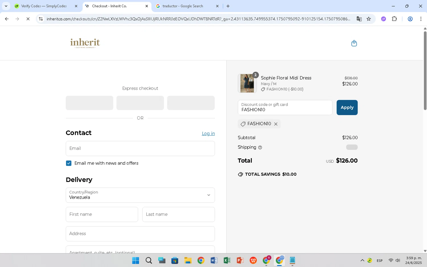 Inherit coupon code screenshot showing code FASHION10 applied at Inherit checkout page. Uploaded by SimplyCodes community member ValueFox4424 on Jun 24, 2025