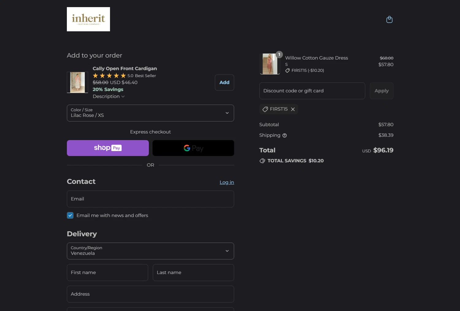 Inherit coupon code screenshot showing code FIRST15 applied at Inherit checkout page. Uploaded by SimplyCodes community member Parangutirimicuaro on Jul 22, 2025