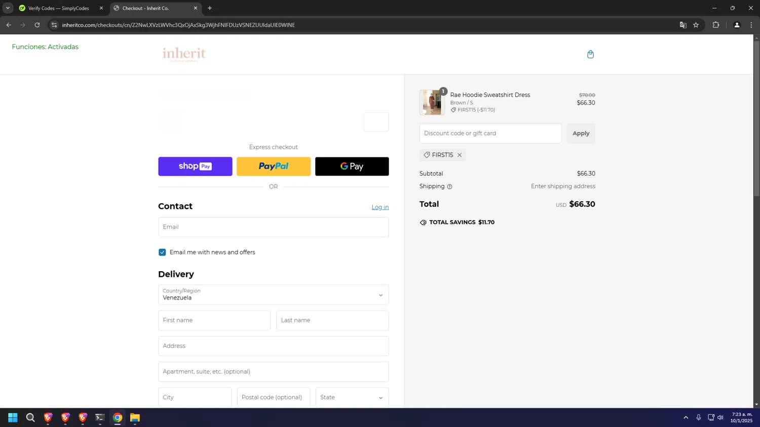 Inherit coupon code screenshot showing code FIRST15 applied at Inherit checkout page. Uploaded by SimplyCodes community member MRYORMAN on Jan 10, 2025