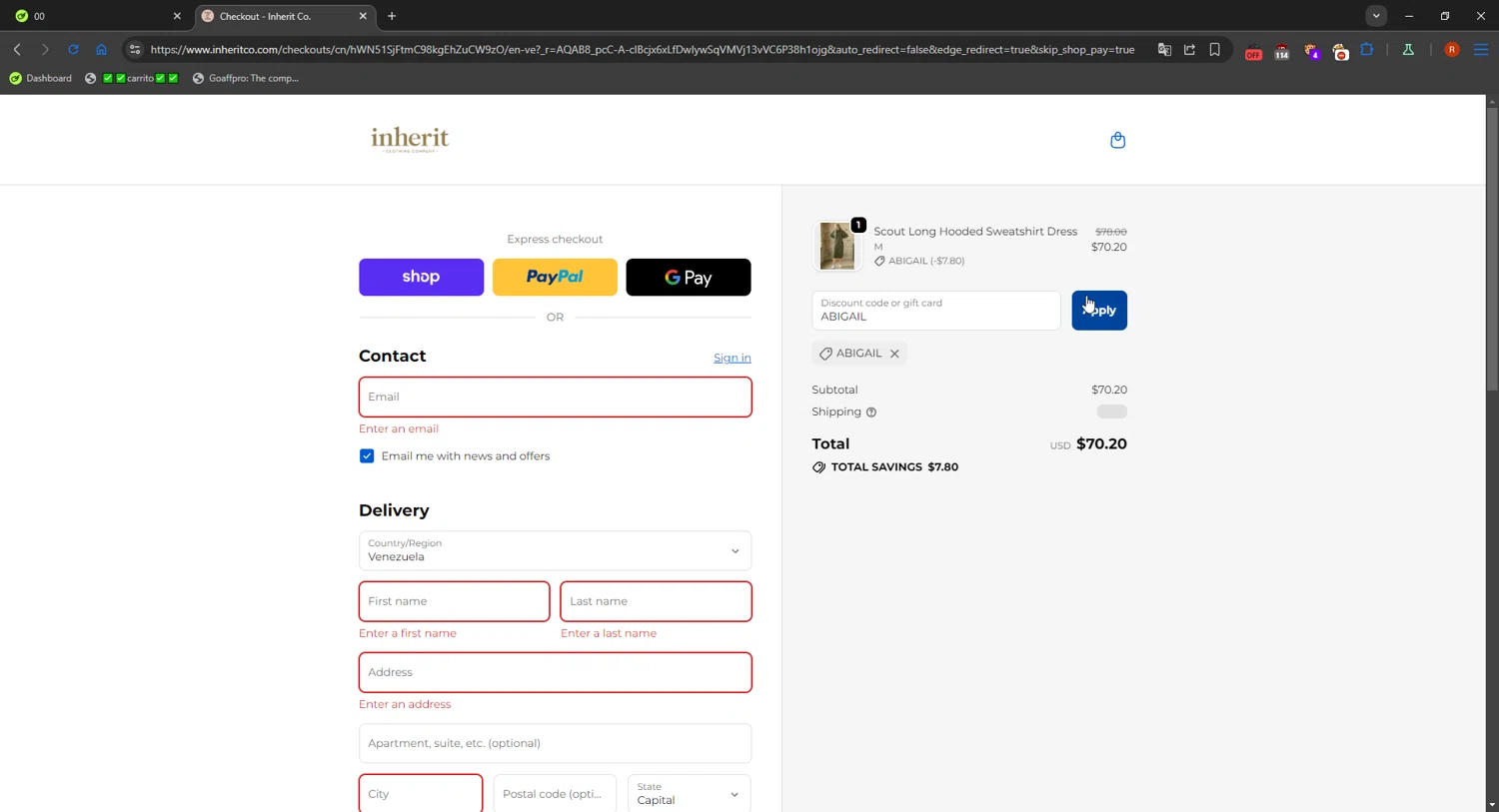 Inherit coupon code screenshot showing code ABIGAIL applied at Inherit checkout page. Uploaded by SimplyCodes community member RebateCaptain6918 on Nov 7, 2025