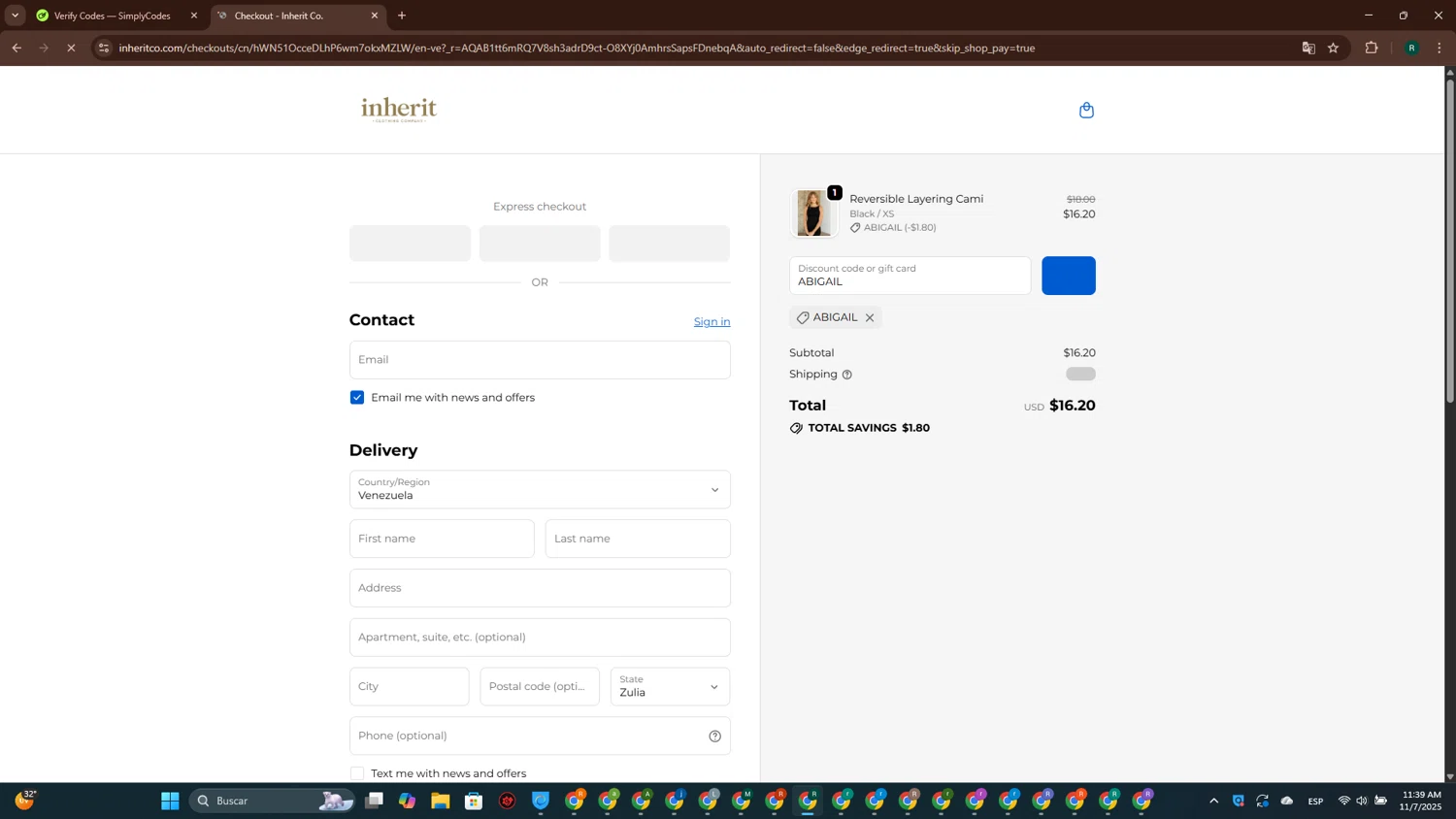 Inherit coupon code screenshot showing code ABIGAIL applied at Inherit checkout page. Uploaded by SimplyCodes community member ScanPioneer7706 on Nov 7, 2025