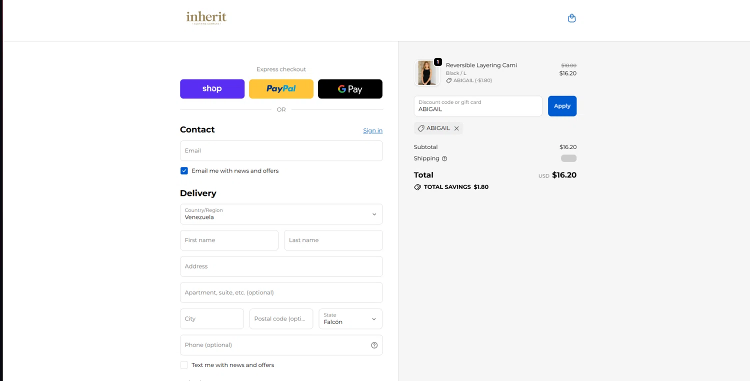 Inherit coupon code screenshot showing code ABIGAIL applied at Inherit checkout page. Uploaded by SimplyCodes community member VoucherLynx1047 on Oct 17, 2025