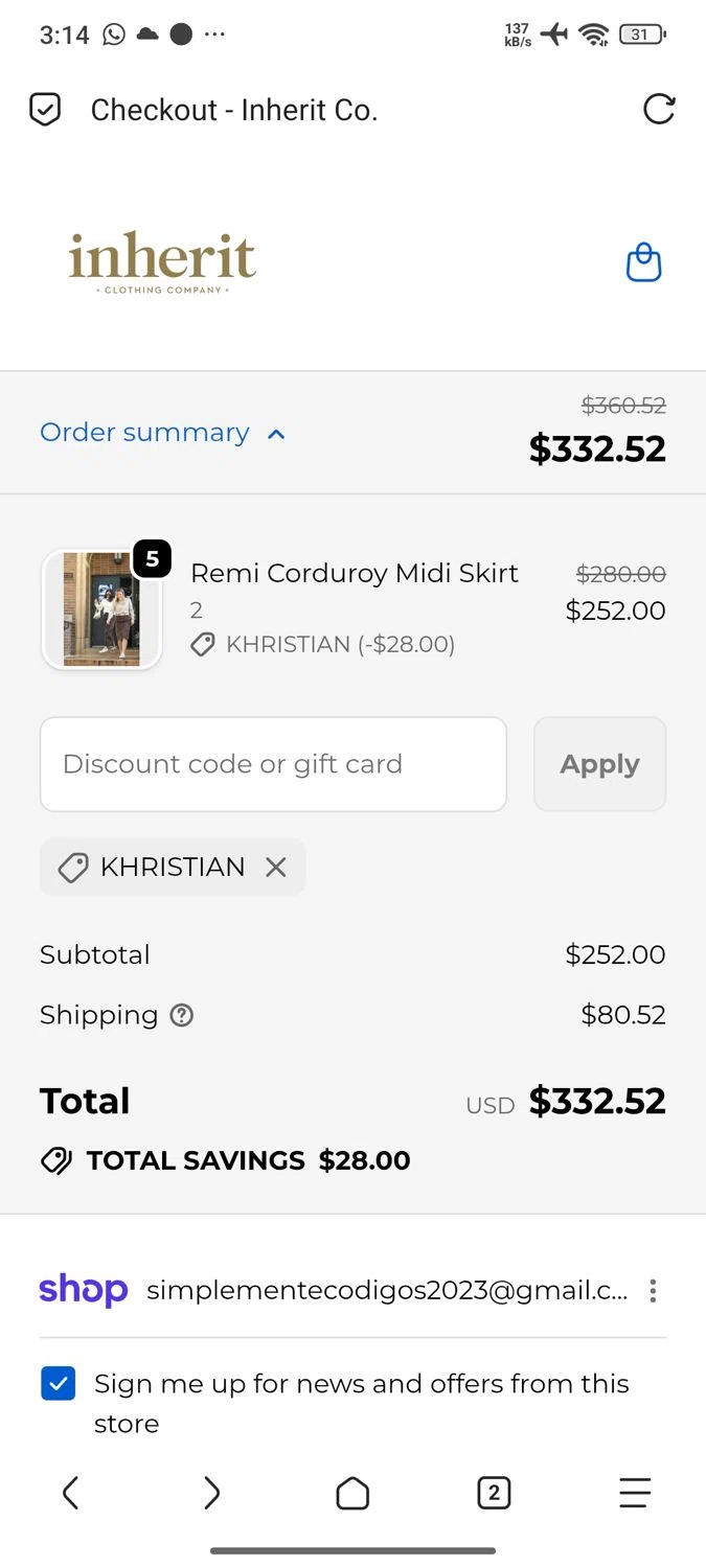Inherit coupon code screenshot showing code KHRISTIAN applied at Inherit checkout page. Uploaded by SimplyCodes community member KingRa on Sep 19, 2025