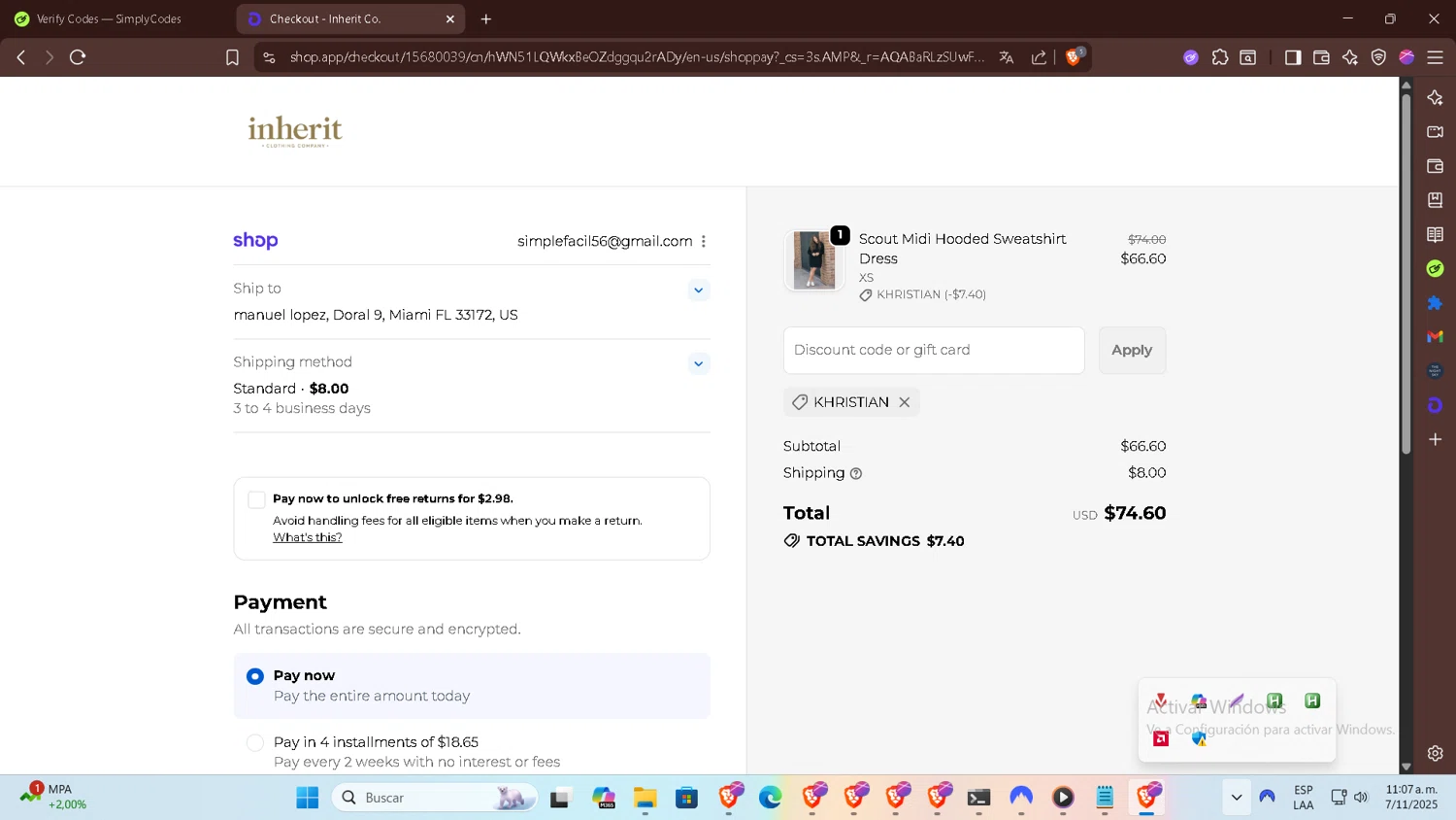 Inherit coupon code screenshot showing code KHRISTIAN applied at Inherit checkout page. Uploaded by SimplyCodes community member ELHIJOEMILA on Nov 7, 2025