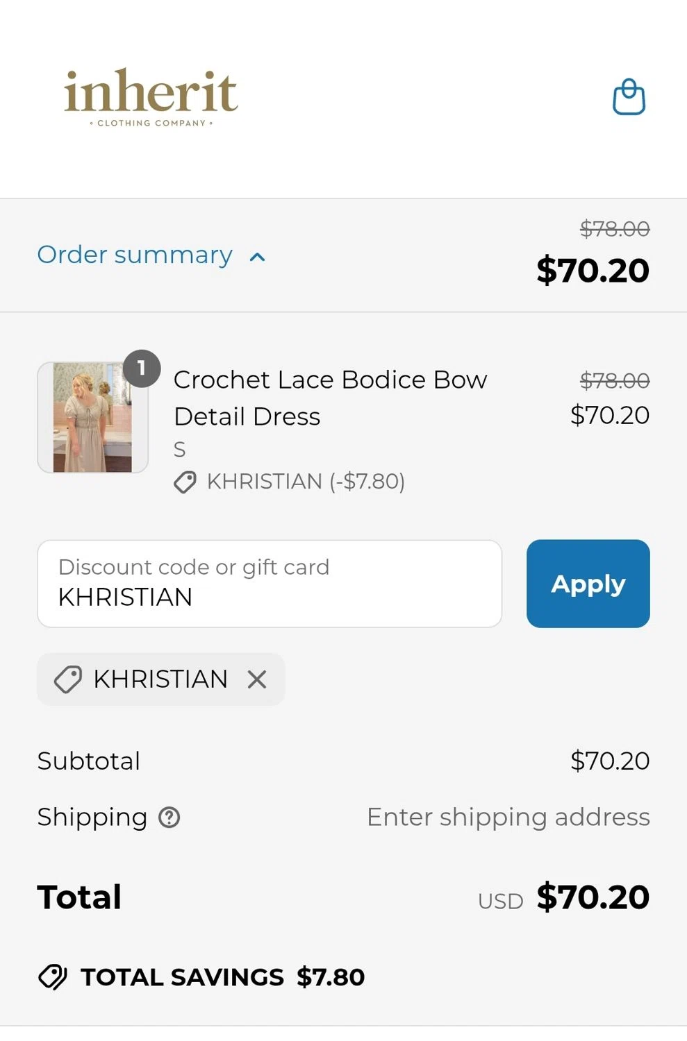 Inherit coupon code screenshot showing code KHRISTIAN applied at Inherit checkout page. Uploaded by SimplyCodes community member JuanMonge on Jun 2, 2025