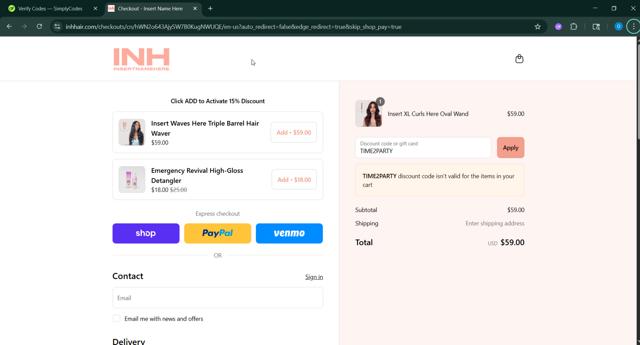 INH Hair checkout page showing INH Hair promo code box | Screenshot taken by SimplyCodes community member on Sep 10, 2025