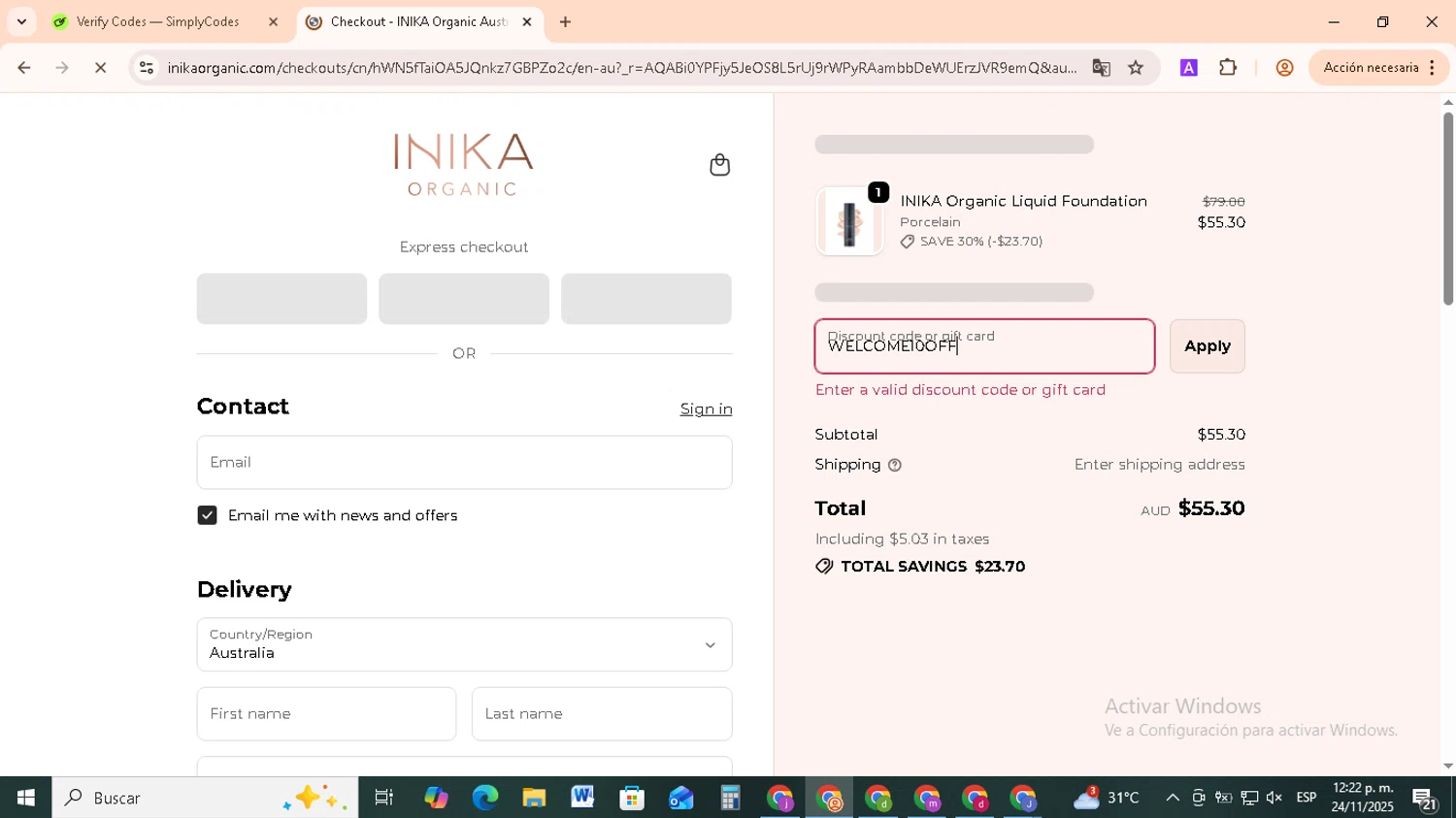 INIKA promo code screenshot showing code WELCOME10OFF applied at INIKA checkout page. Uploaded by SimplyCodes community member RebateCollector5909 on Nov 24, 2025