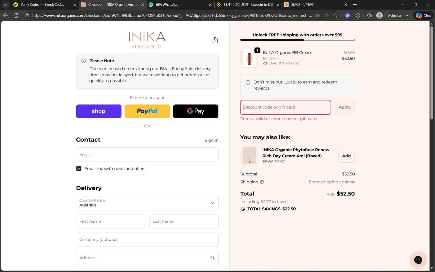INIKA promo code screenshot showing code WELCOME10OFF applied at INIKA checkout page. Uploaded by SimplyCodes community member juanx1702 on Nov 24, 2025