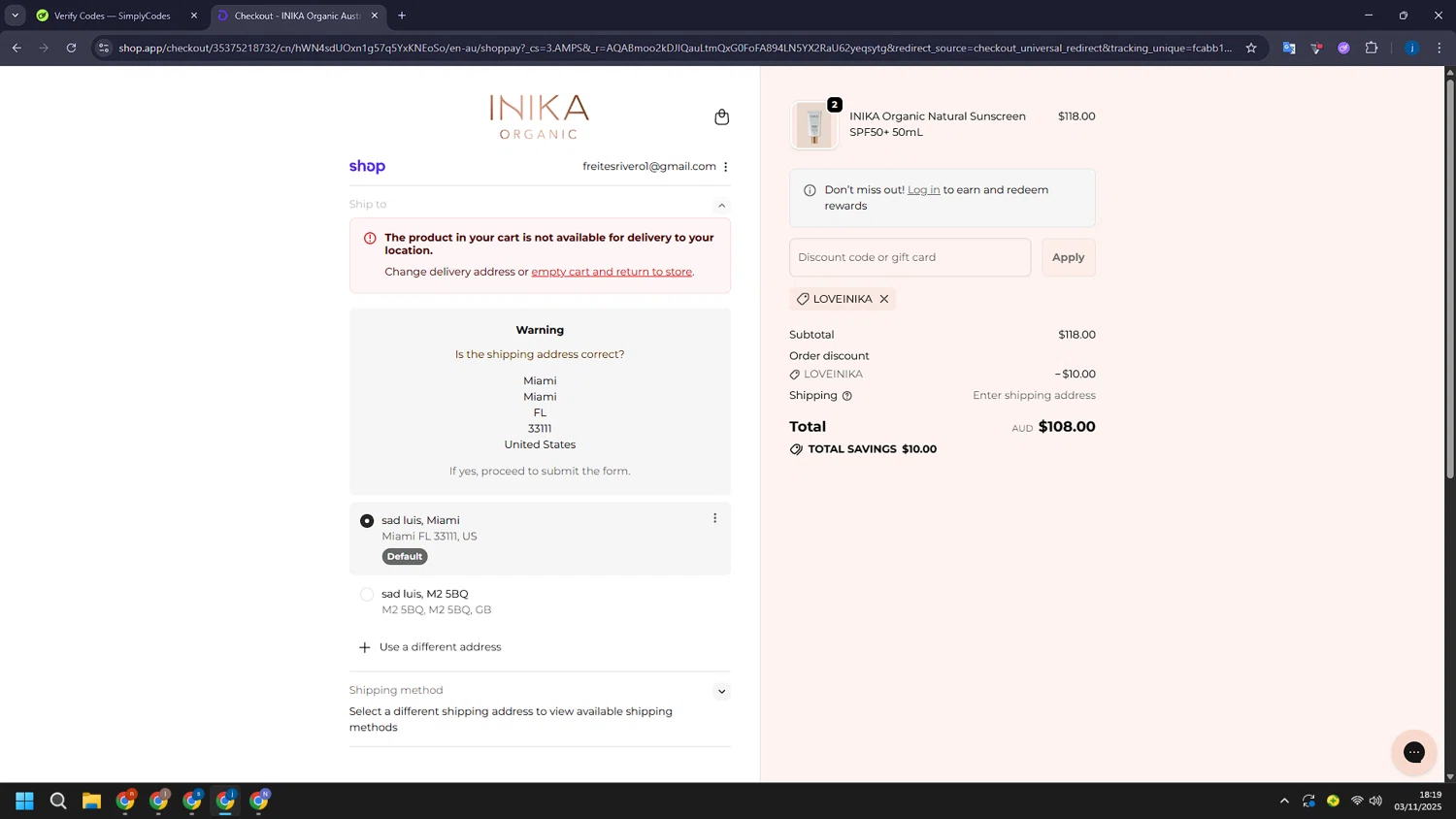 INIKA promo code screenshot showing code LOVEINIKA applied at INIKA checkout page. Uploaded by SimplyCodes community member CashLegend3767 on Nov 3, 2025