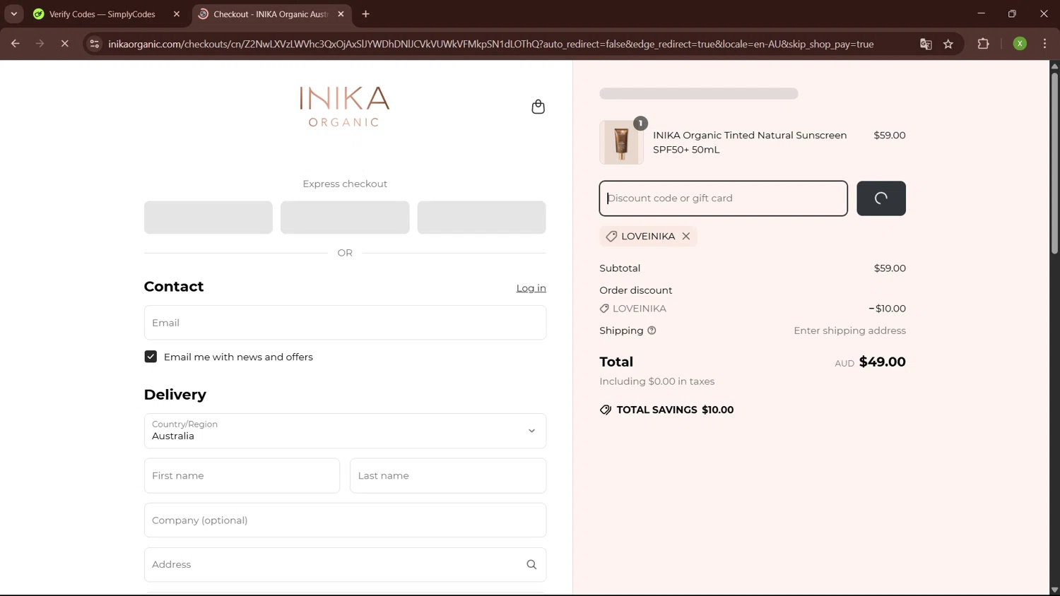 INIKA promo code screenshot showing code LOVEINIKA applied at INIKA checkout page. Uploaded by SimplyCodes community member SaleTiger1087 on Apr 15, 2025