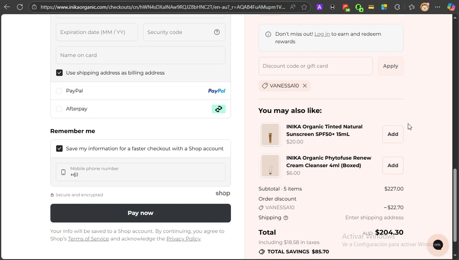 INIKA promo code screenshot showing code VANESSA10 applied at INIKA checkout page. Uploaded by SimplyCodes community member PrincessCoupon on Nov 3, 2025